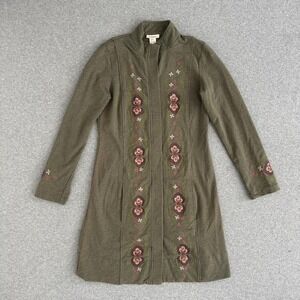 Sundance Coat Womens XS Green Embroidered Floral Jersey Button Front Overcoat